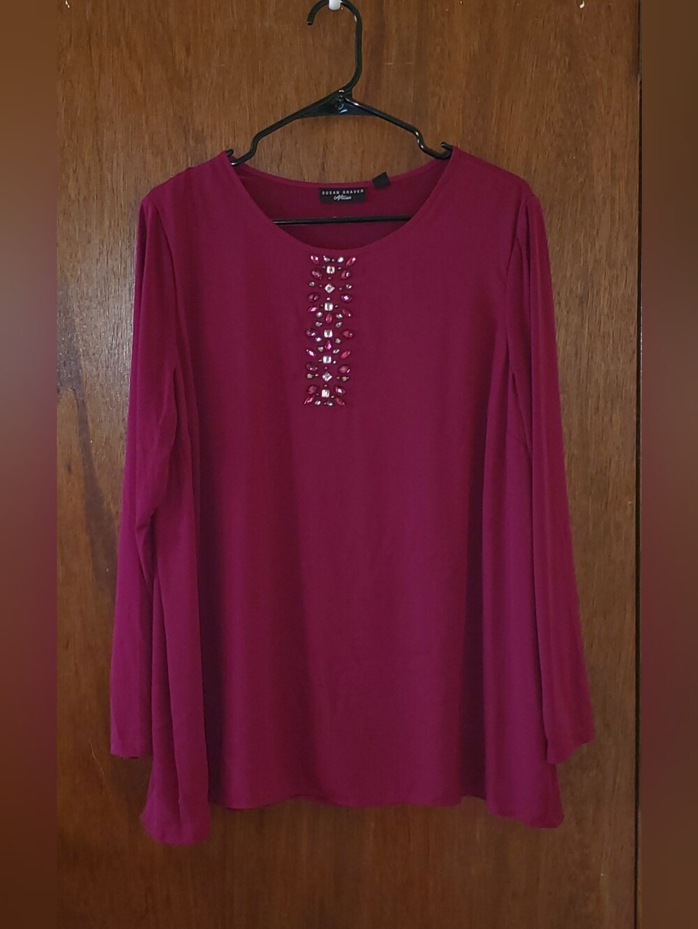 Susan Graver Artisan Wine Long-Sleeve Embellished Top Sz Large